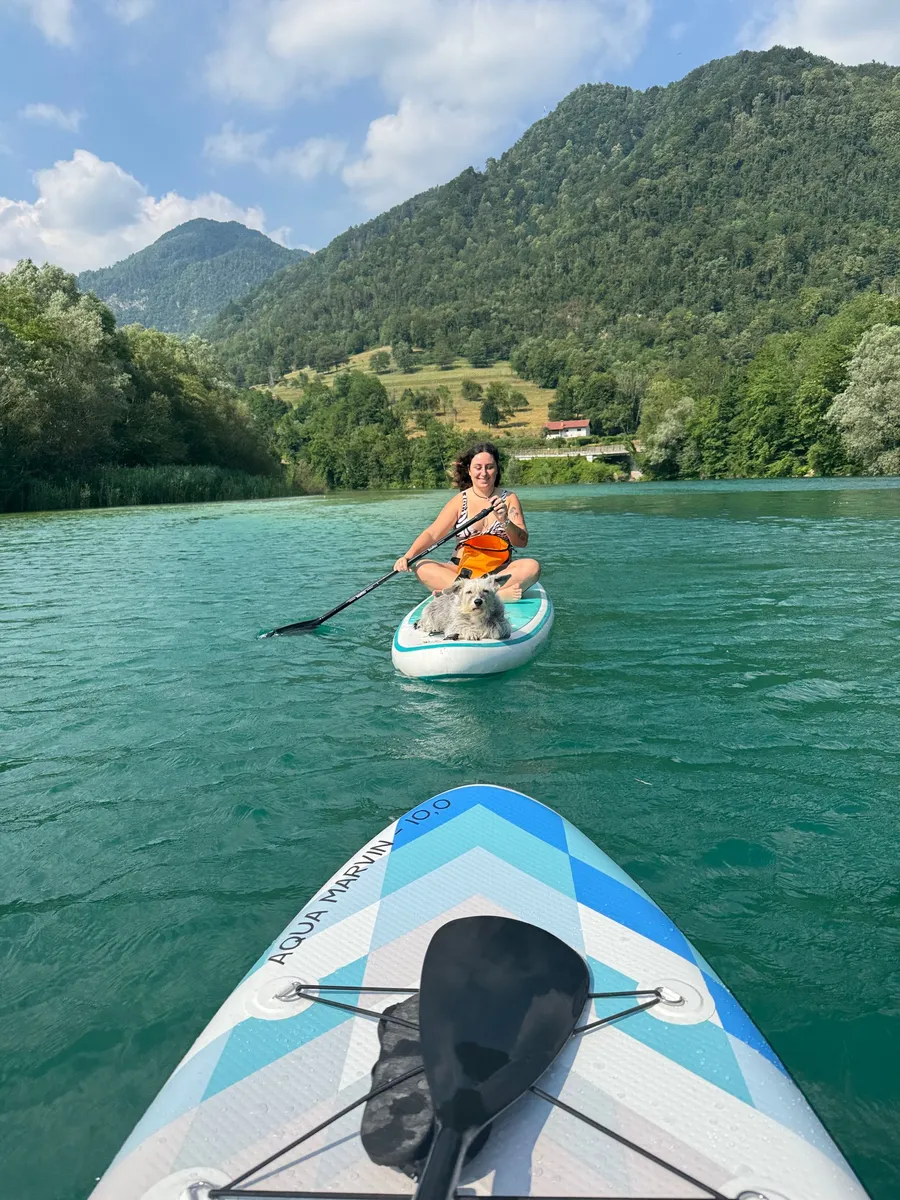 Sproščen SUP s psom na mirni vodi